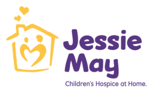 A yellow house icon with the words Jessie May Children's Hospice at Home in purple lettering.