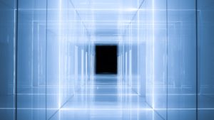 A grey-blue shiny square corridor with light neon lights and a black centre.