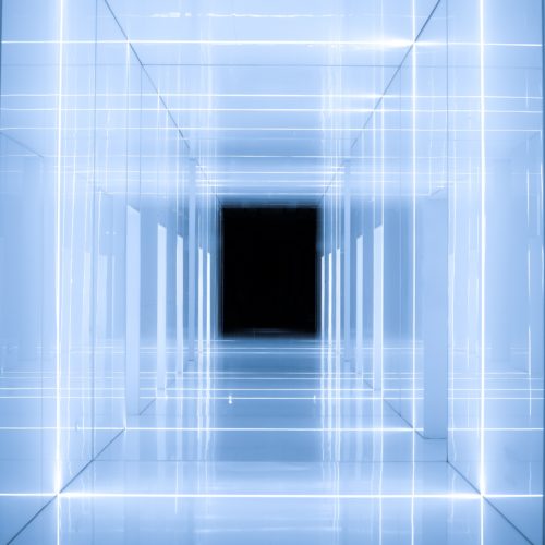 A grey-blue shiny square corridor with light neon lights and a black centre.